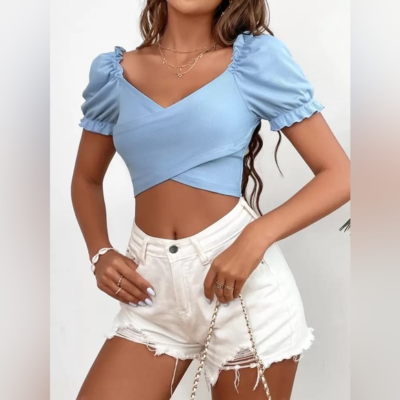 SHEIN Blue Fitted Crop Blouse with Ruched Detail - Picture 1 of 6